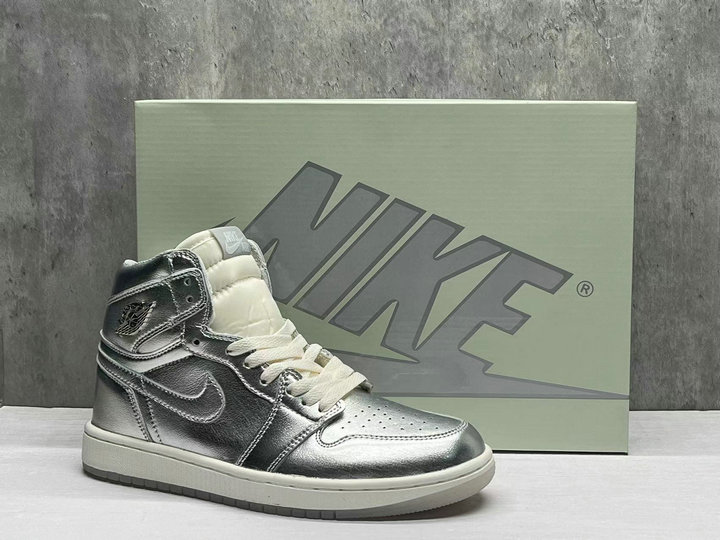 Nike Homme Femme Chaussures Jordan 1 High OG Chrome Rubber Soft Sole Silver